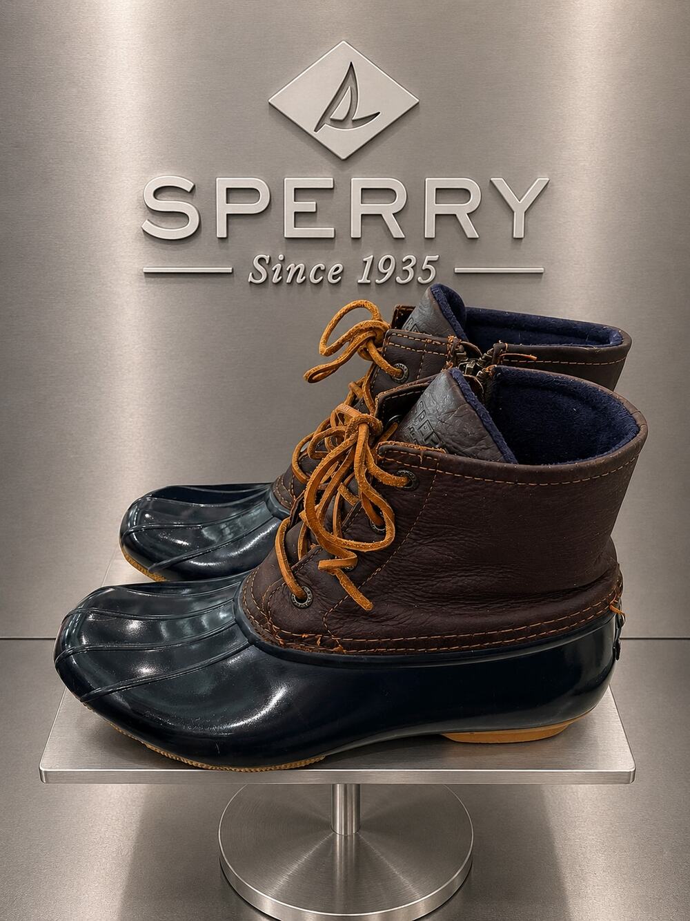 Sperry Saltwater Core Duck Boots Blue Brown Waterproof Women’s 8M STS91175
